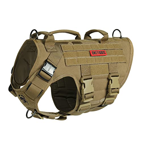 OneTigris Hundegeschirr, X Destroyer Taktisches Geschirr Hund 3 Griffe Heavy Duty Hundeweste mit Metallschnallen, Einstellbar Sicherheitsgeschirr für Mittelgroße Große Hunde - Braun L von OneTigris