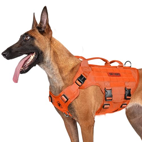 OneTigris Hundegeschirr, X Destroyer Taktisches Einstellbar Antizuggeschirr Ausbruchsicheres Geschirr mit 3 Griffe 2 Metallschnallen Sicherheitsgeschirr (Orange M) von OneTigris