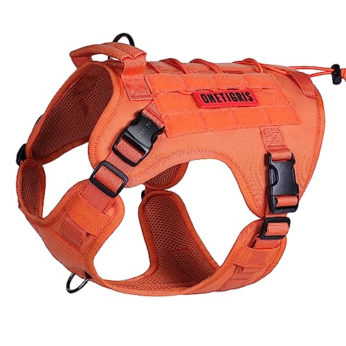 OneTigris Upgraded Fire Watcher 2.0 mit Strapazierfähiger Metallschnalle, Taktische Hundegeschirr mit Griff, No Pull Geschirr Grosse Hunde mit MOLLE-Klettsystem - Orange S von OneTigris