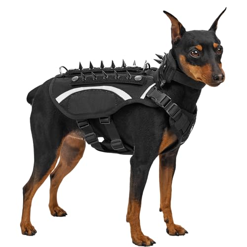 OneTigris STEGOSAUR Taktische Hundegeschirr mit Nieten, Schützendes Hundegeschirr mit Abnehmbarem Halsband, Dog Harness with Spike für Kleine/Mittelgroße Hunde Outdoor (S) von OneTigris