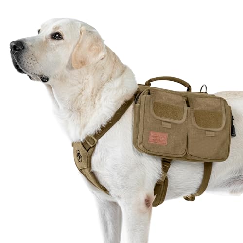 OneTigris Hundegeschirr mit Tasche, Hoppy Camper 3.0 Camping Wandern Hunderucksack für für Mittlere/Große Hunde, Rucksack für Hunderücken 2 Haupttaschen 4 Nebentaschen - Braun L von OneTigris