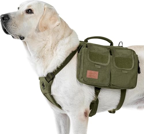 OneTigris Hundegeschirr mit Tasche, Hoppy Camper 3.0 Camping Wandern Hunderucksack für für Mittlere/Große Hunde, Rucksack für Hunderücken 2 Haupttaschen 4 Nebentaschen - Grün M von OneTigris