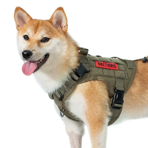 OneTigris Upgraded Fire Watcher 2.0 mit Strapazierfähiger Metallschnalle, Taktische Hundegeschirr mit Griff, No Pull Geschirr Grosse Hunde mit MOLLE-Klettsystem - Grün M von OneTigris