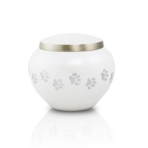 OneWorld Memorials Paw Prints Bronze Gedenkurne für Katzen und Hunde – Extra Klein – Nimmt bis zu 25 kubikzoll von Asche – Pearl Weiß Pet Urne für Asche – Gravur Separat erhältlich von OneWorld Memorials
