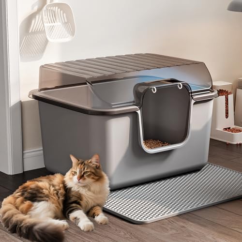 Oneluck Große Katzentoilette mit Deckel, Matte und Schaufel, Katzentoilette mit Deckel und Fronttürklappe für Transport und Privatsphäre, Grau Oneluck Große Katzentoilette mit Deckel, Matte und Schaufel, Katzentoilette mit Deckel und Fronttürklappe für Transport und Privatsphäre, Grau von Oneluck