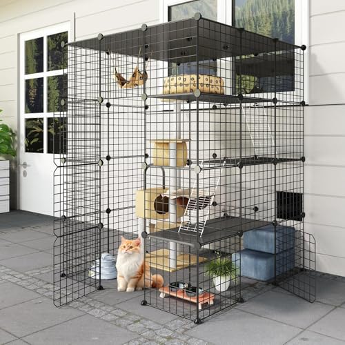 Oneluck Katzenhaus für den Außenbereich, mit super großer Eingangstür, 41 x 41 x 55 cm (L x B x H), Balkon-Katzenlaufstall mit Plattformen, DIY Zwinger, Kiste, großer Trainingsplatz, ideal für 1–3 von Oneluck