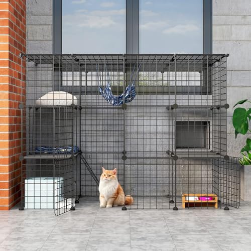 Oneluck Katzenhaus für den Außenbereich, mit super großer Eingangstür, 55 L x 28 B x 41 H, Balkon-Laufstall mit Plattformen, DIY Zwinger, großer Trainingsplatz, ideal für 1–2 Katzen von Oneluck