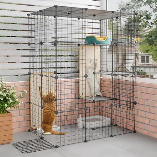 Oneluck Katzenkäfig mit Katzenkratzdecke, 4-stöckiges Katzengehege, großer Laufstall, abnehmbarer Metalldraht, Hundehütte, großer Übungsplatz, ideal für 1–3 Katzen von Oneluck