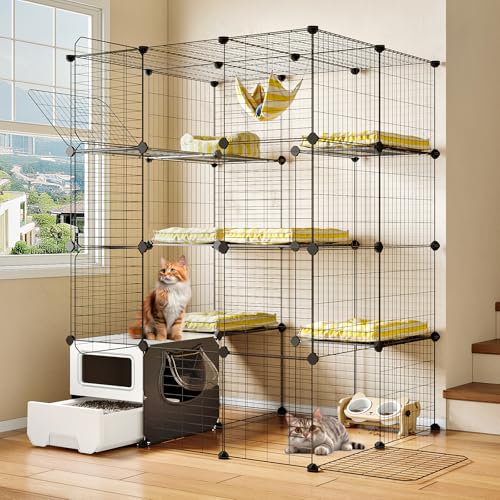Oneluck Katzenkäfig mit Katzentoilette, Katzenhaus für Haustiere, 4-stöckig, großes Laufstall, abnehmbarer Metalldraht, Hundehütte, Innenkiste, großer Trainingsplatz, ideal für 1–3 Katzen von Oneluck