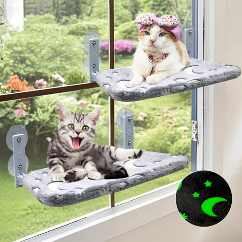 Katzen-Fenstersitz, leuchtet im Dunkeln, Katzen-Fenster-Hängematte mit großen Saugnäpfen, klappbarer Fenstersitz für Katzen im Inneren, 2 Stück von Oning