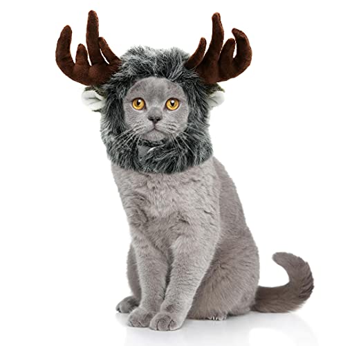 Onmygogo Löwenmähne Perücke für Katzen und Hunde, Lustige Haustier Katze Kostüme für Halloween Weihnachten, Pelzige Haustier Kleidung Zubehör (M, Elch) von Onmygogo