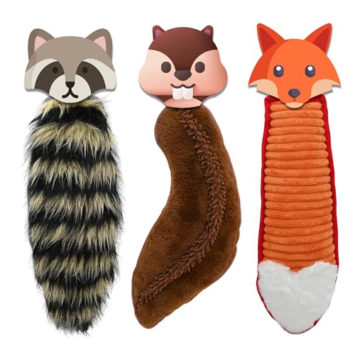Onmygogo Quietschendes Plüsch-Hundespielzeug, Plüschtierschwanz-Spielzeug für Aggressive Kauer, interaktives Spielzeug für kleine, mittelgroße und große Hunderassen (Waschbär+Fuchs+Eichhörnchen) von Onmygogo