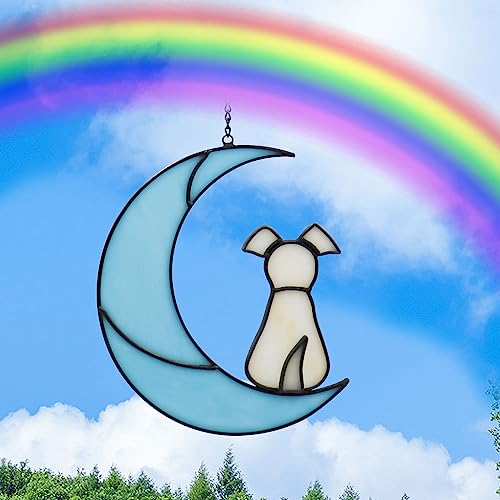 Buntglas Haustier Hund Gedenkgeschenke, weißer Hund auf blauem Mond, Fensterbehänge, Ornament, Haustierverlustgeschenke, ästhetische Hundekunst, Dekoration für Zuhause, Büro, Garten von Oooct