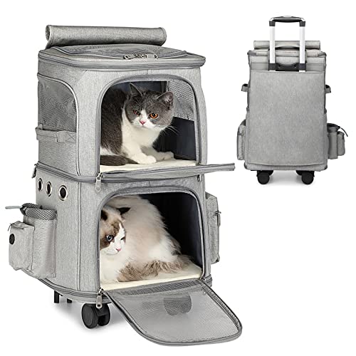 OPETDO Doppelter Rucksack 2 in 1 für kleine Katzen und Hunde, Rucksack mit Rädern, Tragbare Haustier-Transporttasche, Einzigartiges und praktisches Design, Ideal für Reise/Wandern/Camping, Grau von Opetdo