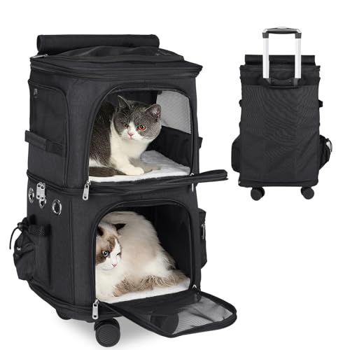 OPETDO Doppelter Rucksack 2 in 1 für kleine Katzen und Hunde, Rucksack mit Rädern, Tragbare Transporttasche, Einzigartiges und praktisches Design, Ideal für Reisen/Wandern/Camping, Schwarz von Opetdo