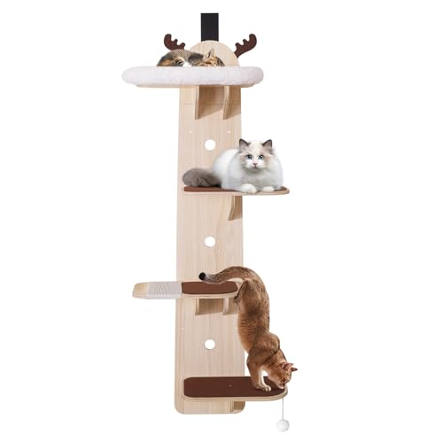 OPETDO Vertikaler Katzenturm mit 4 Ebenen, Wand-Kratzbaum, Stabiles und Robustes Klettermöbel, Sisaldecke und Katzenbett, Geeignet für Verschiedene Katzen, mit hängenden Bällen von Opetdo