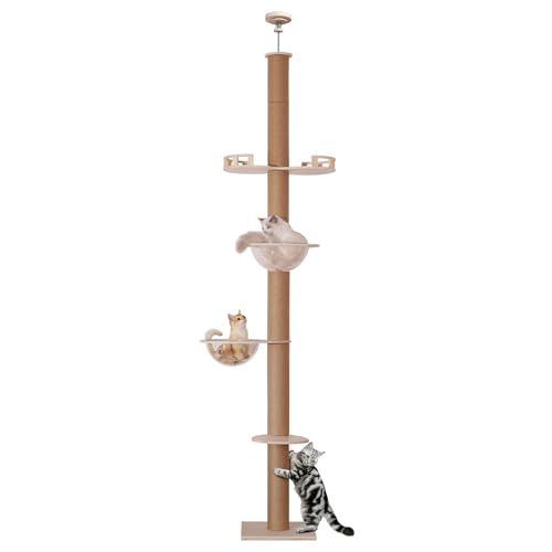 OPETDO Kratzbaum, Höhe 250-275cm, Katzenspielturm, Katzenturm mit Sisalpfosten, 5 Plattformen, Hundehütte, Hängematte, 5 Kratzbretter von Opetdo
