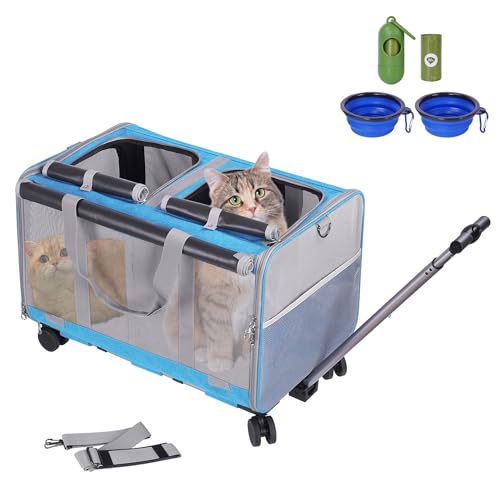 Opetdo Transporttasche für Großkatzen mit Zwei Fächern Stock Großes Fassungsvermögen Hunderucksack Rucksack mit Trolley Transportbox für kleine Hunde Ideal zum Reisen/Wandern/Camping (Blue) von Opetdo