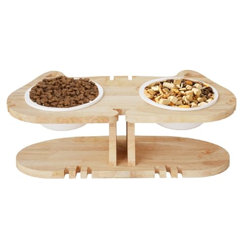 Erhöhter Katzenschüssel aus Holz, erhöhte Futterschale für Katzen, um 15 ° geneigt, Schüssel für Haustiere, aus Holz, mit Halterung, um Erbrechen zu vermeiden, mit zwei Keramikschalen, geeignet für A von Opilroyn