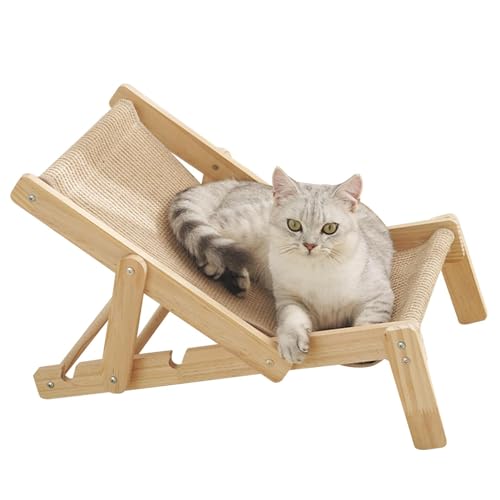 Katzen-Loungebett – verstellbarer Strandstuhl, schicker Schaukelstuhl aus Holz für Haustiere | Erhöhte Katzenstuhl-Bett-Hängematte mit abnehmbarer Sisalauflage, Katzenhängematte, erhöhtes Kühlbett für von Opilroyn