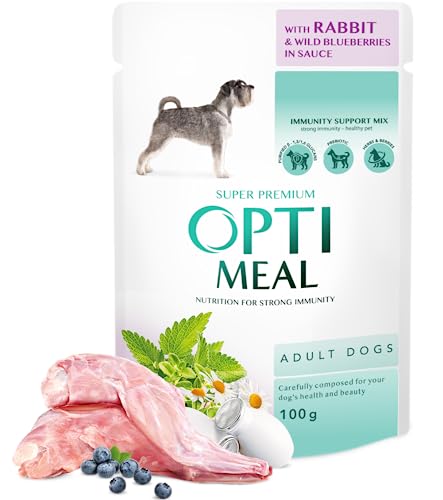OPTIMEAL SUPER PREMIUM. Nassfutter für ausgewachsene Hunde aller Rassen (12 x 100 g) (Hase und wilde Blaubeeren in Sauce) von Optimeal