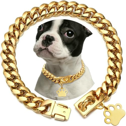 Robustes Hundehalsband aus Edelstahl mit Sicherheitsschnallenverschluss, goldene kubanische Gliederkette, Trainingshalsband für Haustiere, Metallhalskette Robustes Hundehalsband aus Edelstahl mit Sicherheitsschnallenverschluss, goldene kubanische Gliederkette, Trainingshalsband für Haustiere, Metallhalskette von Optxzn