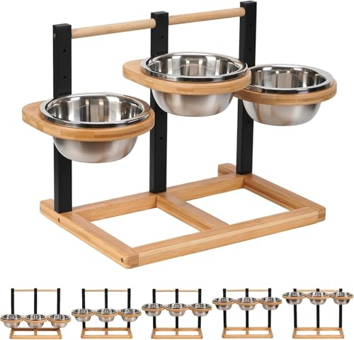 Optyuwah Hundenapf Erhöht für Hunde,5 Höhenverstellbar Hundenapf mit 3X1400ml Edelstahlnäpfen und Holz Erhöhte Hundenäpfe Hundenapfständer Futternapf Futterstation mittel große Hunde Fressnapf von Optyuwah