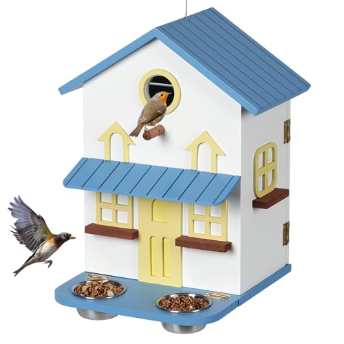 Optyuwah Vogelhaus Holz groß Nistkasten mit 2 Futterschale,Vogelvilla Vogelfutterhaus für Wildvögel,zum Aufhängen Indoor als Dekoration Outdoor als Nistplatz von Optyuwah
