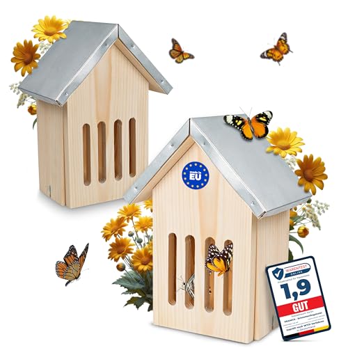 2 Stück Oramics Schmetterlingshaus aus Kiefernholz mit wetterfestem Metall Dach [Made in Europe] Schmetterlingshotel für Garten und Balkon – Schmetterling Insektenhotel zum Züchten oder zur Aufzucht von Oramics