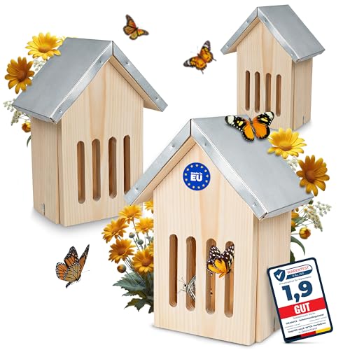 3 Stück Oramics Schmetterlingshaus aus Kiefernholz mit wetterfestem Metall Dach [Made in Europe] Schmetterlingshotel für Garten und Balkon – Schmetterling Insektenhotel zum Züchten oder zur Aufzucht von Oramics