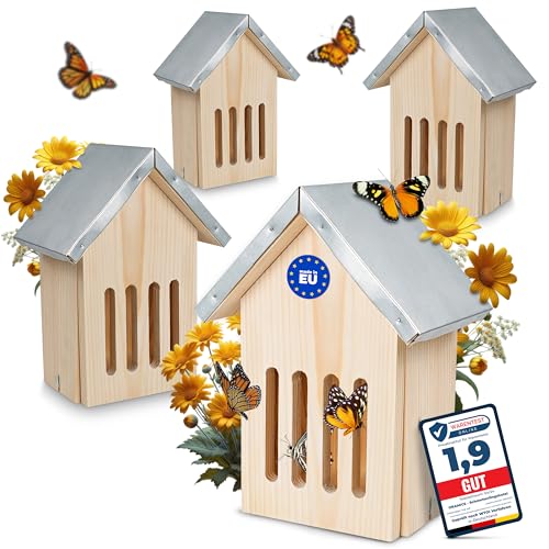 4 Stück Oramics Schmetterlingshaus aus Kiefernholz mit wetterfestem Metall Dach [Made in Europe] Schmetterlingshotel für Garten und Balkon – Schmetterling Insektenhotel zum Züchten oder zur Aufzucht von Oramics