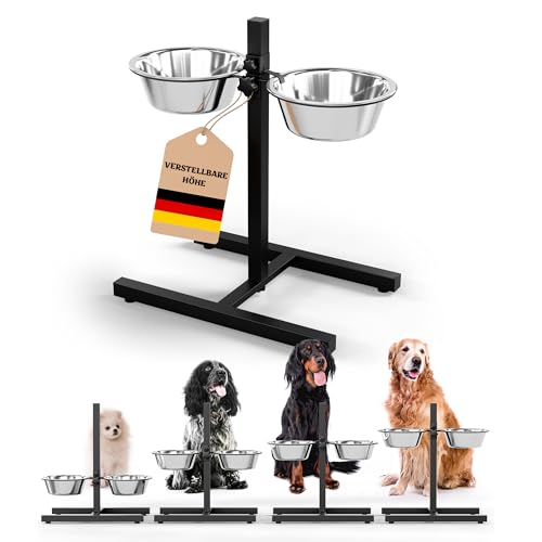 Hundebar Fressnapf Höhenverstellbar deluxe für Welpen und grosse Hunde mit zwei Edelstahl-näpfen als Futternapf und Wasser-Napf von Oramics