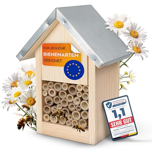 Oramics Bienenhotel mit Bambusröhrchen für Insekten, Bienen, Hummeln und Wildbienen – Insektenhotel mit Metalldach – Wildbienenhotel als Nisthilfe für Wildbienen inklusive Bambus Nisthülsen von Oramics