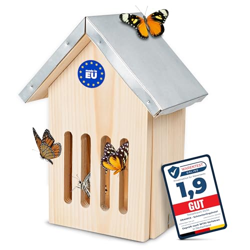 Oramics Schmetterlingshaus aus Kiefernholz mit wetterfestem Metall Dach [Made in Europe] Schmetterlingshotel für Garten und Balkon – Schmetterling Kasten Insektenhotel zum Züchten oder zur Aufzucht von Oramics
