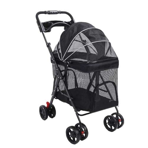 Oreilet 4 Hundewagen, EIN klick klick Pets Welpen Kitty Kinderwagen mit Sonnenschirmen, Tassenhalter, Tragbarer Jogger für Kleine Mittelgroße Hunde und Katzen (Black) von Oreilet