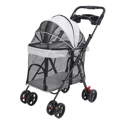 Oreilet 4 Hundewagen, EIN klick klick Pets Welpen Kitty Kinderwagen mit Sonnenschirmen, Tassenhalter, Tragbarer Jogger für Kleine Mittelgroße Hunde und Katzen (Grey) von Oreilet