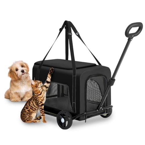 Oreilet Hundeträger mit Rädern, Tragbarer Abnehmbarer Faltbarer Haustier Spaziergang mit Baldachin für Kleine Mittelgroße Katzen, Welpenkäfig Käfig Jogger Kinderwagen Hundewagen (Black) von Oreilet