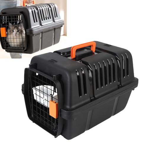 Oreilet Verbesserte Große Fluggesellschaft Zugelassene Hundekiste, Plastikkennel Zwinger mit Drahttür und Faltbare Griffe und 4 Seitenlüftung, Tragbare Reisetürkiste für Katze (Black) von Oreilet
