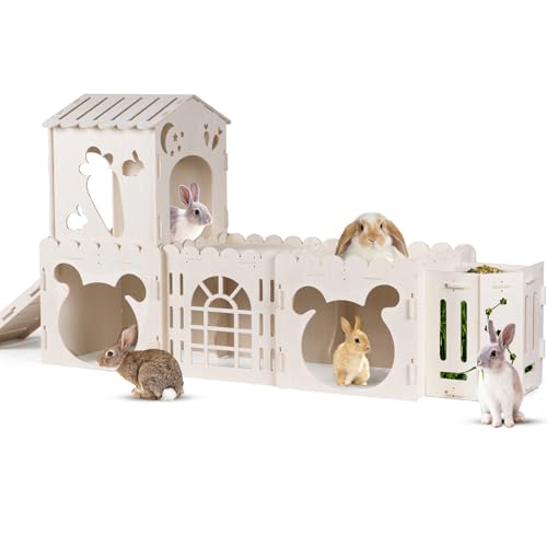Extra großes Kaninchenhaus, Hasenhaus aus Holz, Versteck mit 4 Häusern und Heufutterstation für den Innenbereich, Kaninchen, Meerschweinchen, mehrstöckig, Kletterturm, stabiles Holzschloss von Orekemo