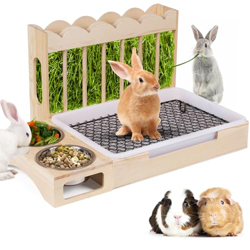Upgraded 3 in 1 Kaninchen Heu-Futterstation mit Katzentoilette, stabiles Holz Heu-Futterspender Set für Meerschweinchen, Chinchillas, Hamster, Frettchen, Kaninchen und andere Kleintiere von Orekemo