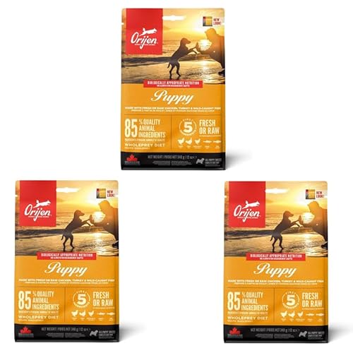 Orijen Puppy | 3er Pack | 3 x 340 g | Trockenfutter für Hundewelpen | Zur Unterstützung der Entwicklung von Hundewelpen | Mit frischen oder rohen Geflügel- und Fischzutaten von Orijen