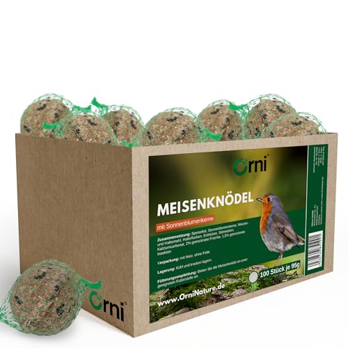Orni 100 Stück Meisenknödel mit Netz | je 95g | leckere Ganzjahresknödel mit Sonnenblumenkerne | für heimische Wildvögel | ganzjährig | Fettfutter zum Aufhängen von Orni