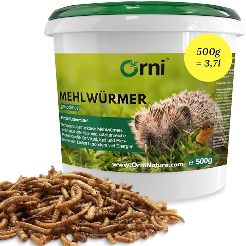 Orni Mehlwürmer getrocknet 500g | Premium Insektenfutter für Wildvögel, Igel, Fische & Eichhörnchen – natürliche Proteinquelle, ohne künstliche Zusatzstoffe & Aromen von Orni