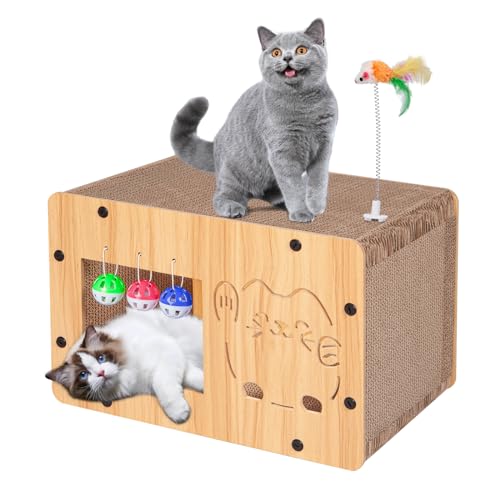 Katzenkratzhaus, großes Katzenkratzhaus aus Karton mit 3 Glockenbällen und interaktivem Spielzeug für Katzen und Kleintiere im Innenbereich von Oroonoko