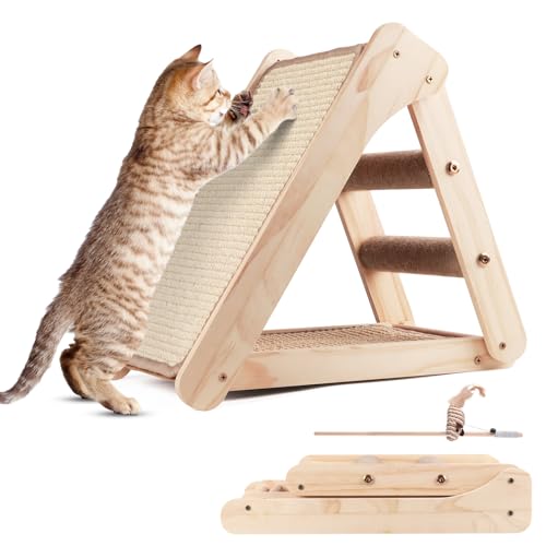 Sisal-Kratzbrett, dreieckige Katzenkratzrampe mit Kletterleiter, Holz-Kratzbrett mit 2 Sisal-Pads für Kätzchen und Kleintiere im Innenbereich von Oroonoko