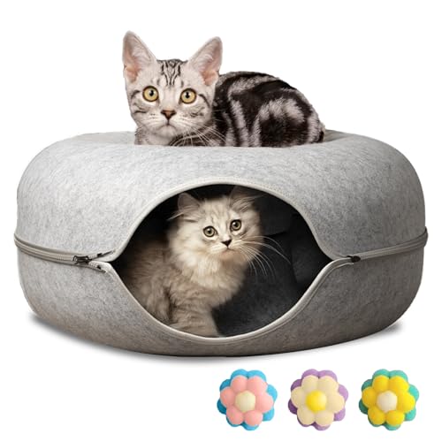 Peekaboo Katzenhöhle, Katzentunnelbett für Indoor-Katzen mit 3 Spielzeugen, Donut-Katzenbett für Katzen bis zu 10 kg, abnehmbares und waschbares Katzenversteck (Hellgrau, M (20 x 20 x 9) von Oroyi