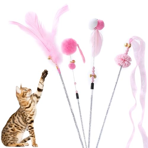 Ortusium Katzenfederspielzeug, Katzenfederstab, interaktives Katzenspielzeug mit langem Griff, langlebiger Teaser Zauberstab für Kätzchen, flauschige Federn, Glocke, lustiges Spielen für Indoor-Katzen von Ortusium