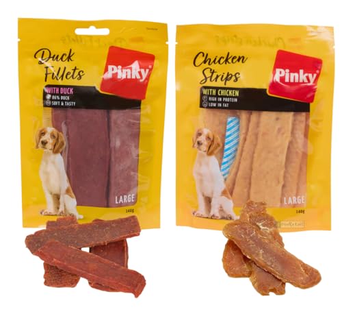 Pinky Packung mit 2 Hundesnacks – Entenfilets und Hühnerstreifen | 2 x 140 g | proteinreich, fettarm | natürliche Leckerlis für Hunde Pinky Packung mit 2 Hundesnacks – Entenfilets und Hühnerstreifen | 2 x 140 g | proteinreich, fettarm | natürliche Leckerlis für Hunde von OsoRetail