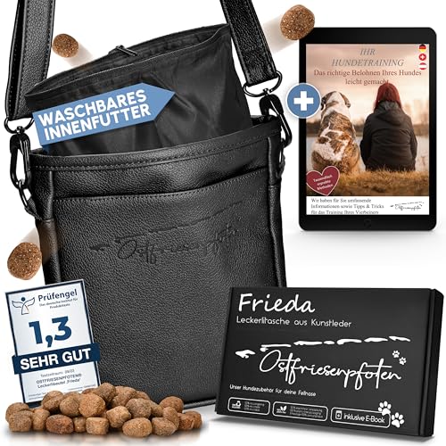 Ostfriesenpfoten® Leckerlitasche 'Frieda' für Hunde aus hochwertigem Kunstleder - Schwarz Größe M - Futterbeutel mit EasyOpen Einhandmagnetverschluss - Gassitasche für Hunde-Leckerli von Ostfriesenpfoten