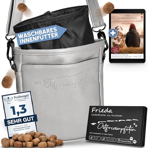 Ostfriesenpfoten® Leckerlibeutel 'Frieda' für Hunde aus hochwertigem Kunstleder - Grau Größe L - Futterbeutel mit EasyOpen Einhandmagnetverschluss - Gassitasche für Hunde-Leckerli von Ostfriesenpfoten